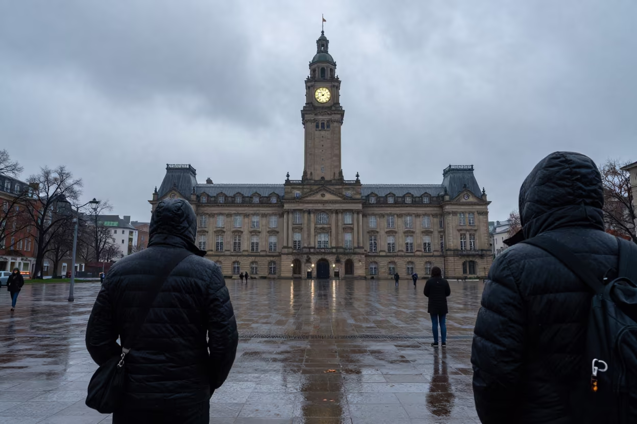 City Hall Clock Tower Through Rain at Dawn in inside a polling station gymnasium in Essen