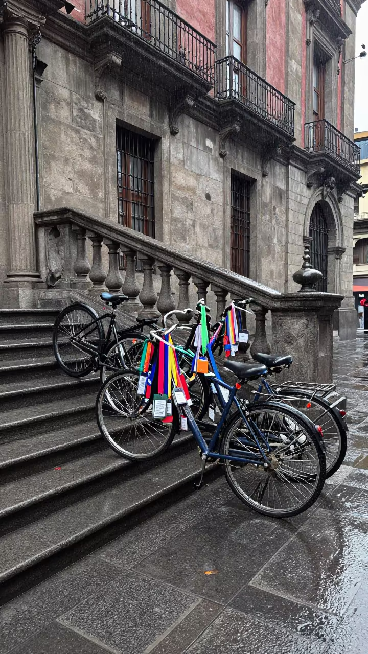 City Hall Steps Wet Bicycles Badge Lanyards Mexico City in on the steps of city hall in Mexico City