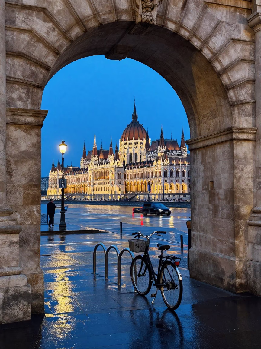 City Life in Budapest at The Last Blue Light Of Evening in in Budapest, Hungary