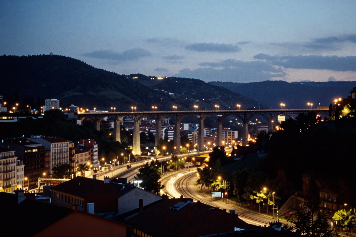 City Lights And Railway Viaduct in Bilbao in in Bilbao, Spain