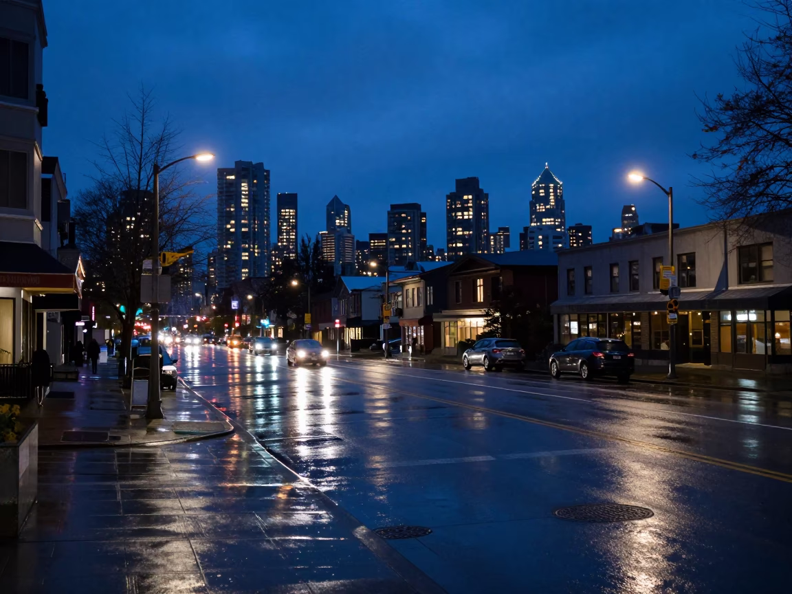 City Lights at Blue Hour in Vancouver in in Vancouver, British Columbia, Canada