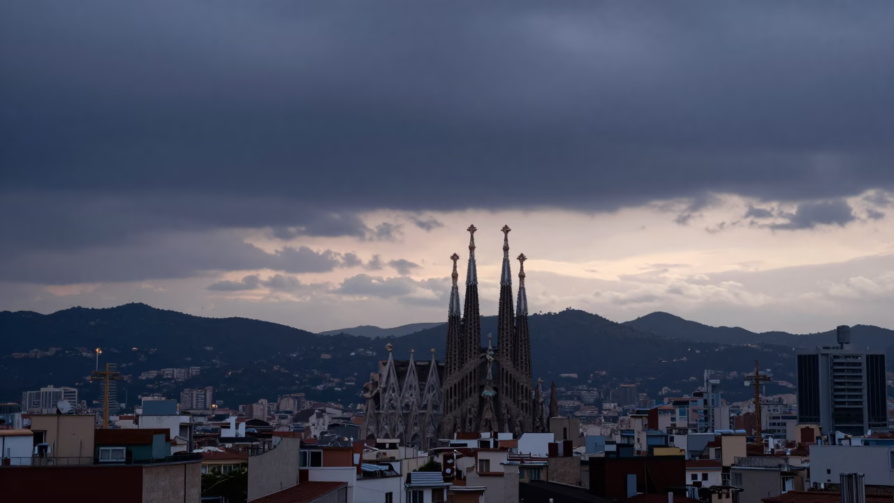 City Rooftops in Barcelona at Nautical Dawn Light in in Barcelona, Spain