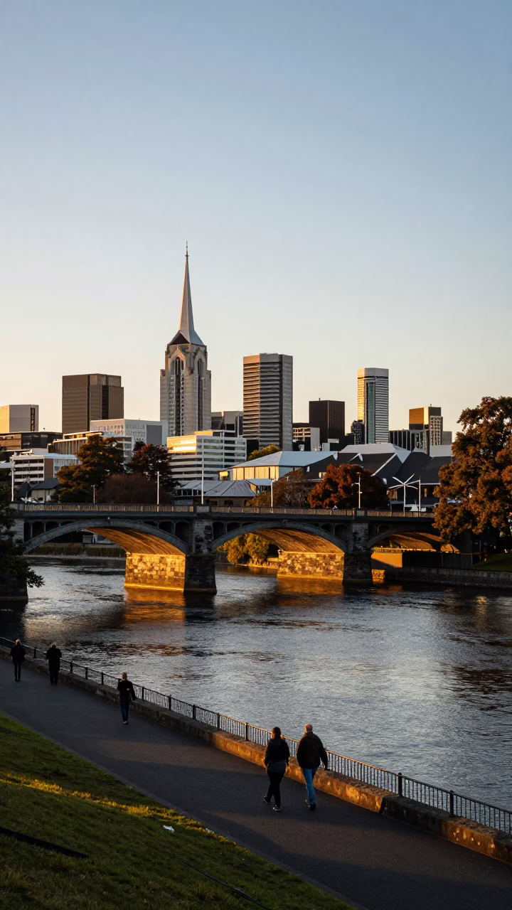 City Skyline And Avon River at Sunset Light in Christchurch in in Christchurch, New Zealand
