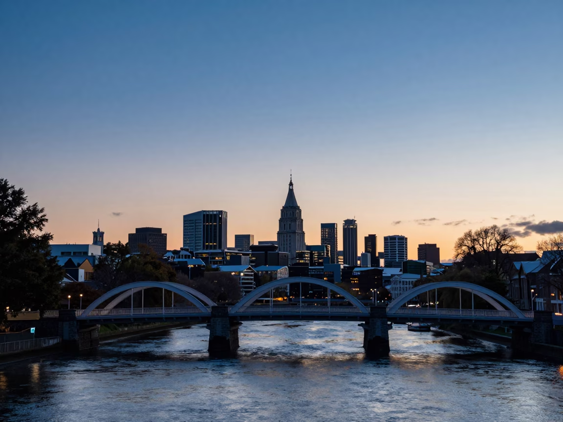 City Skyline And Avon River From Bridge in Christchurch in in Christchurch, New Zealand