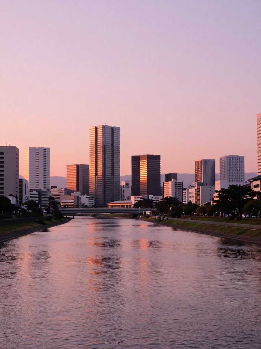 City Skyline And Canal From Riverbank in Fukuoka at Golden Hour in in Fukuoka, Japan
