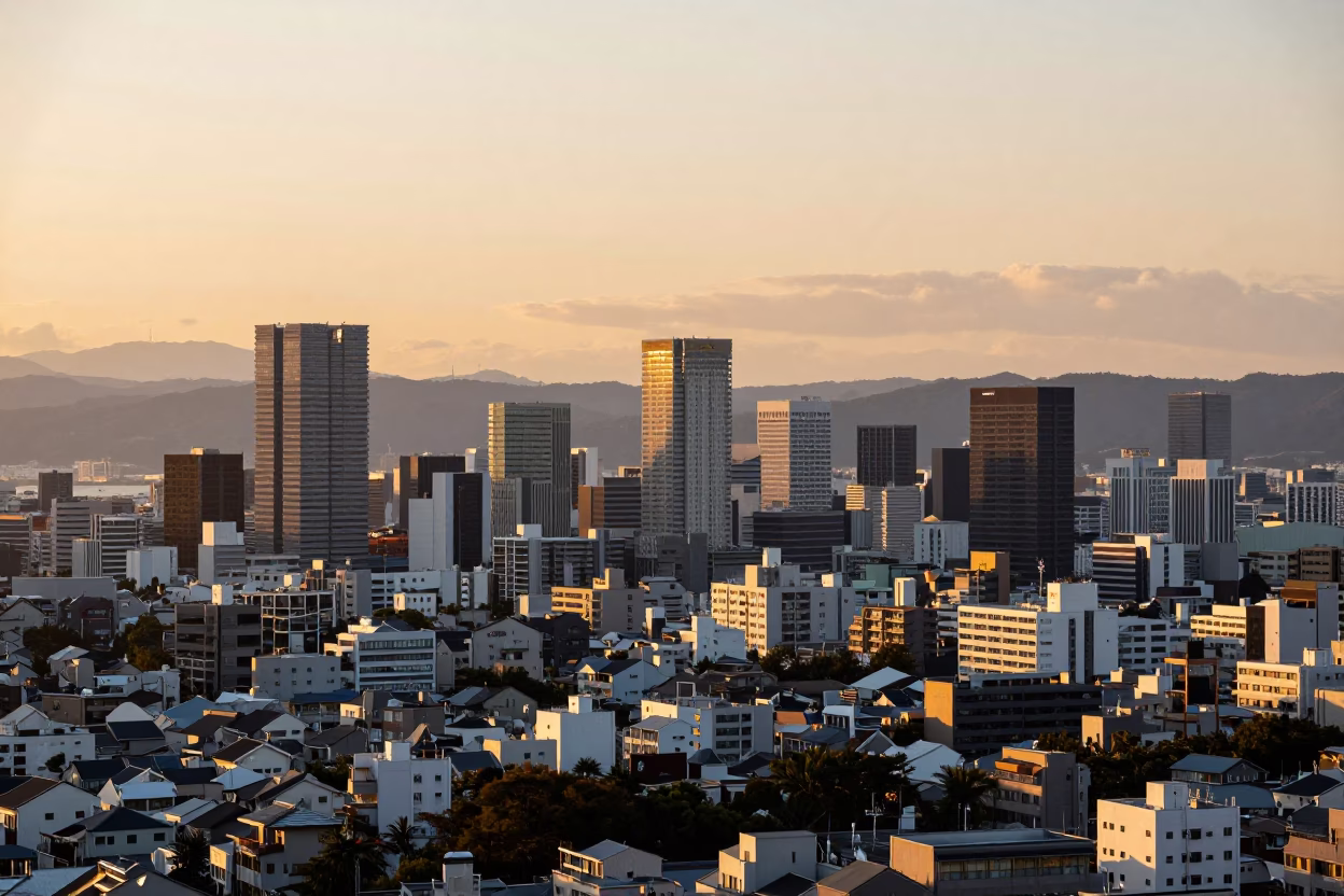City Skyline And Residential Neighborhoods From Hakata Bay in Fukuoka in in Fukuoka, Japan