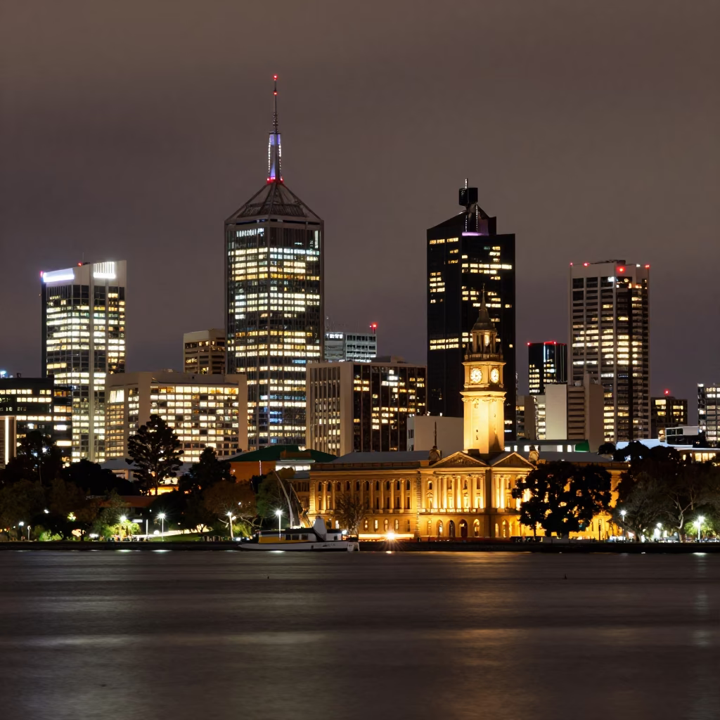 City Skyline And Torrens River From North Terrace in Adelaide in in Adelaide, South Australia, Australia