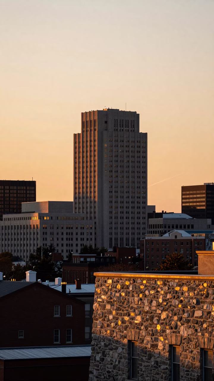 City Skyline at As The Sun Drops Toward The Horizon in Halifax in in Halifax, Nova Scotia, Canada