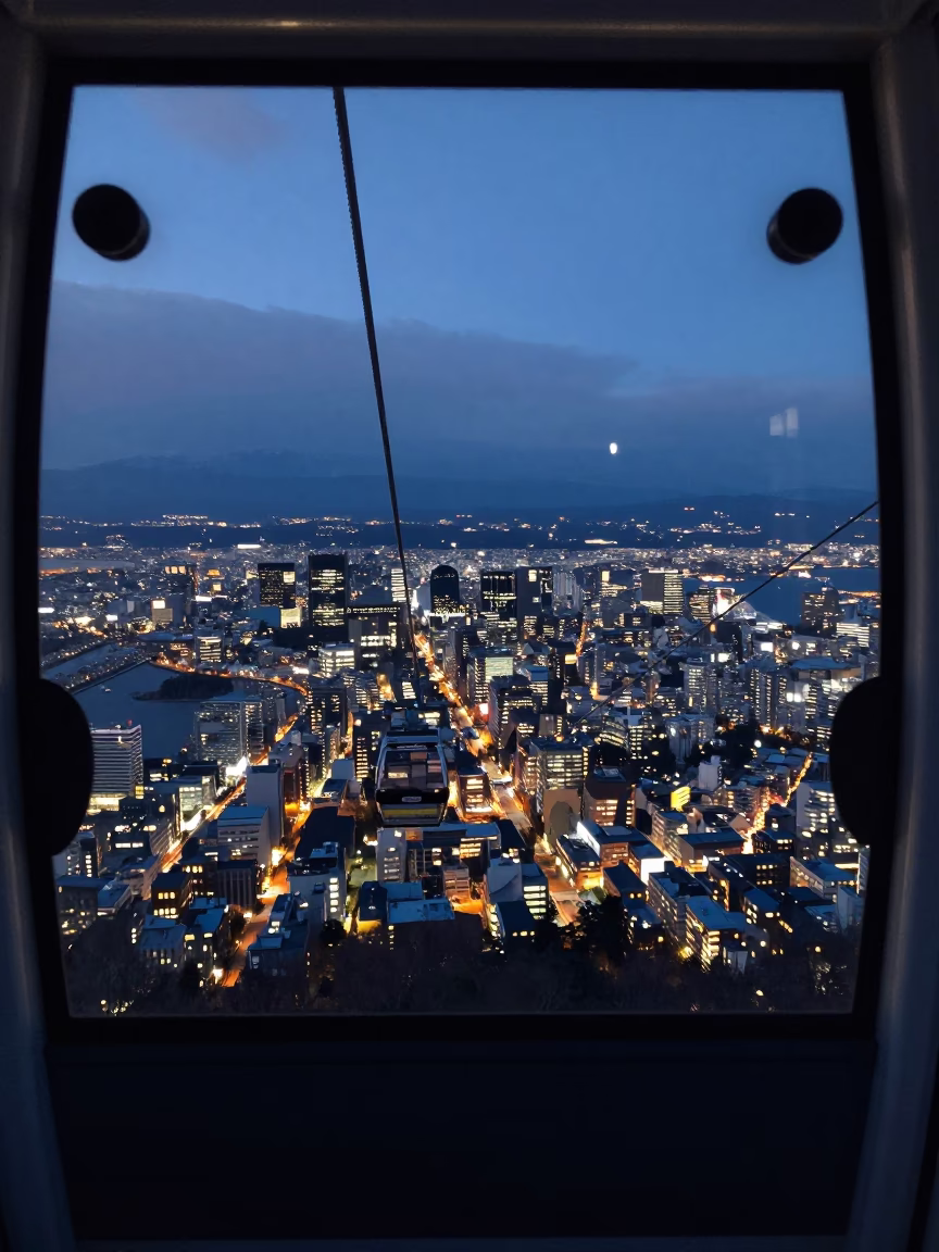 City Skyline From Ascending Cable Car in Sapporo in in Sapporo, Japan