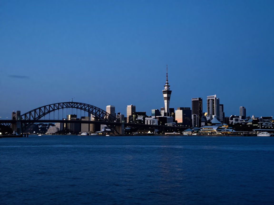 City Skyline in Auckland at Nautical Dawn Light in in Auckland, New Zealand