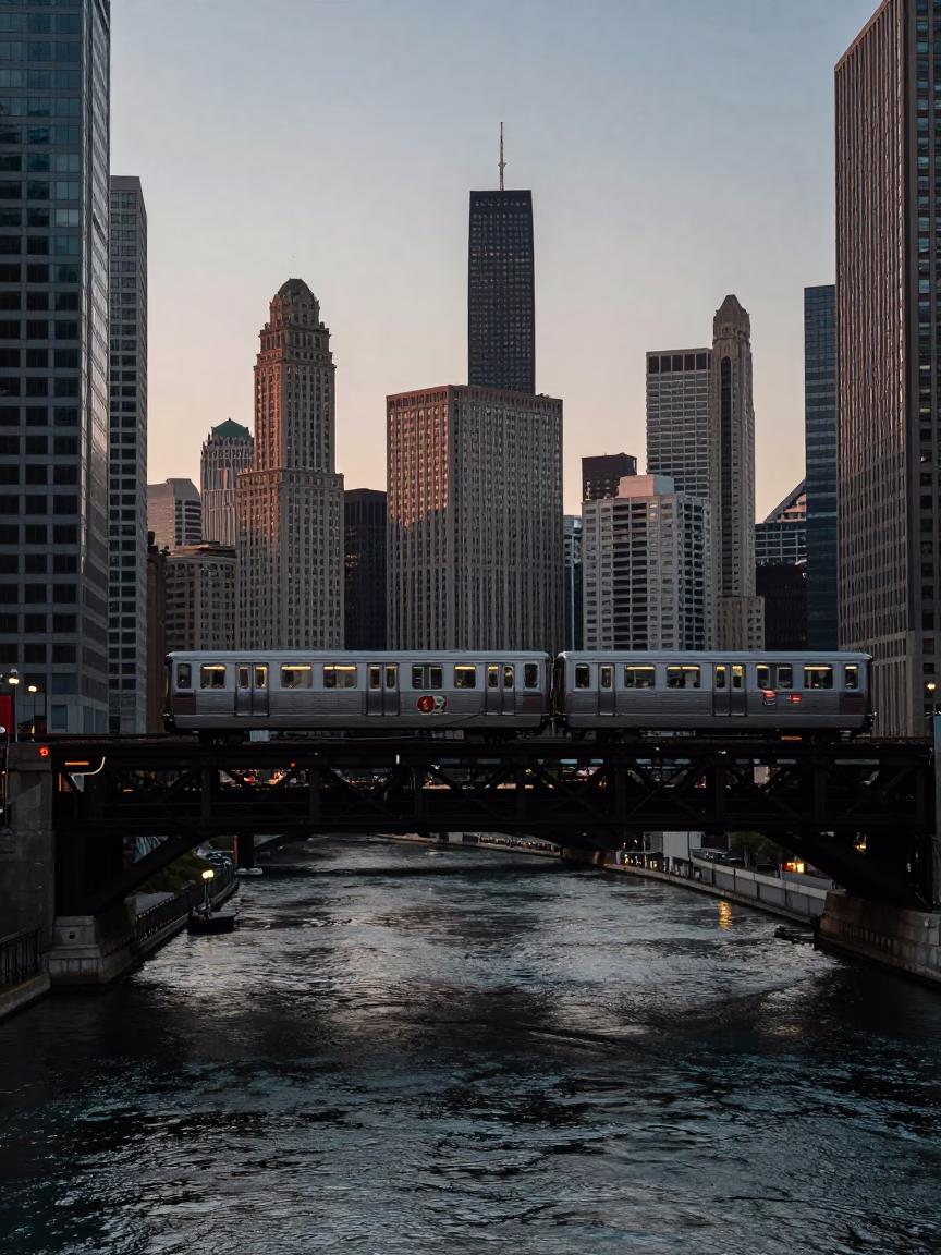 City Skyline in Chicago at The Early Evening Light in in Chicago, Illinois, United States