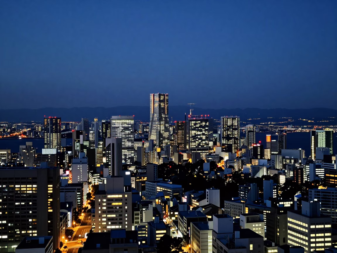 City Skyline in Fukuoka at As City Lights Begin To Glow in in Fukuoka, Japan