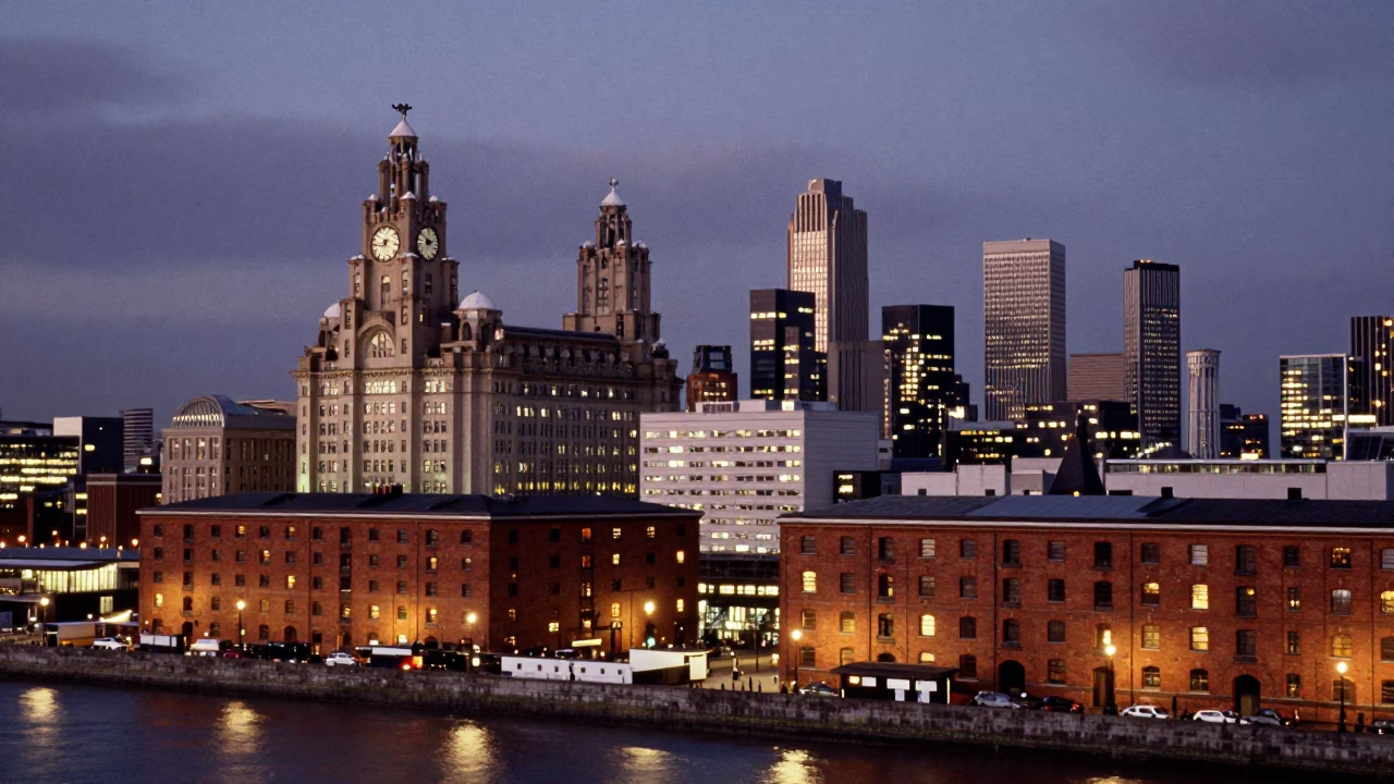 City Skyline in Liverpool at As City Lights Begin To Glow in in Liverpool, United Kingdom