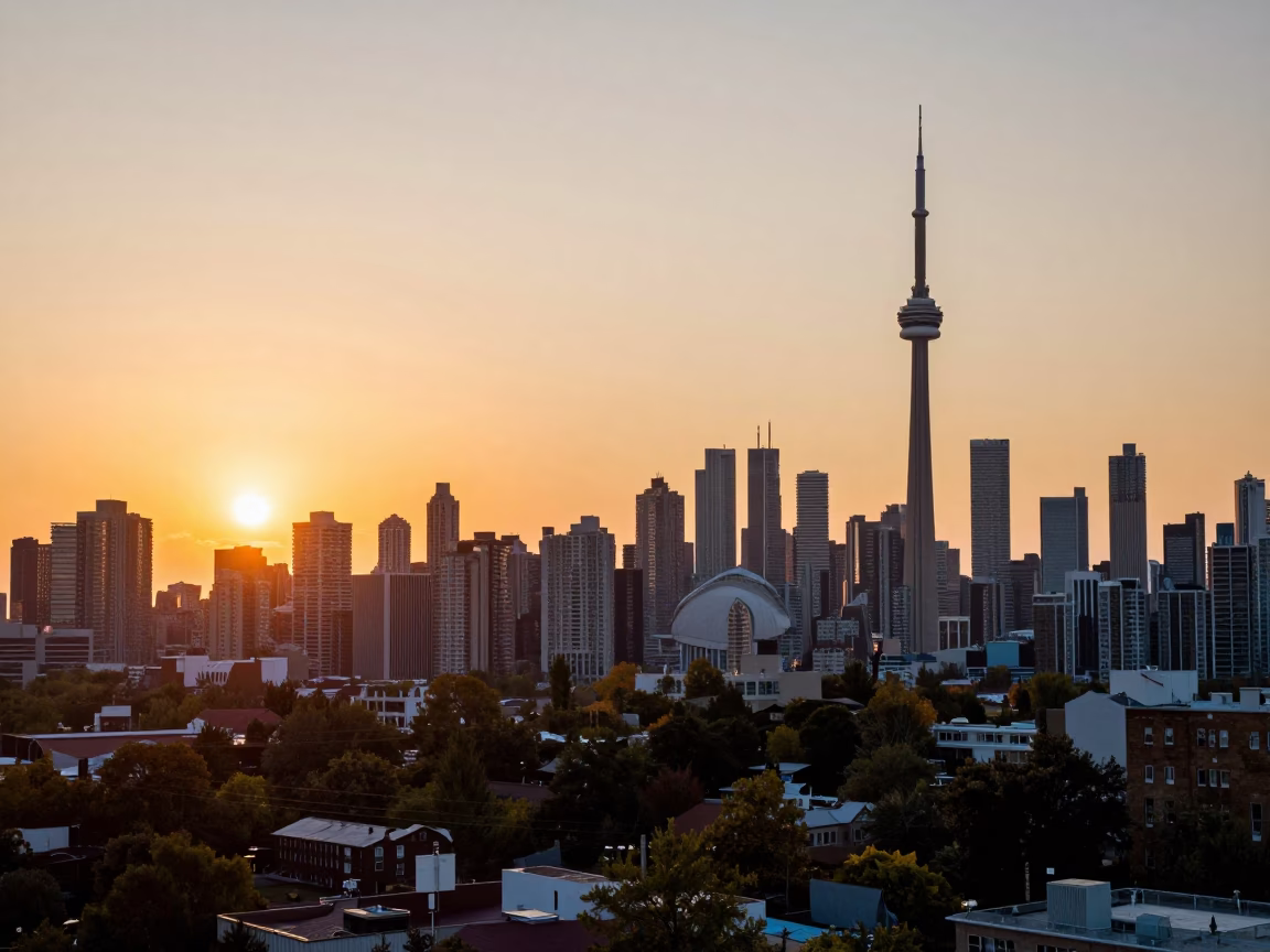 City Skyline in Toronto at Honeyed Evening Light in in Toronto, Ontario, Canada