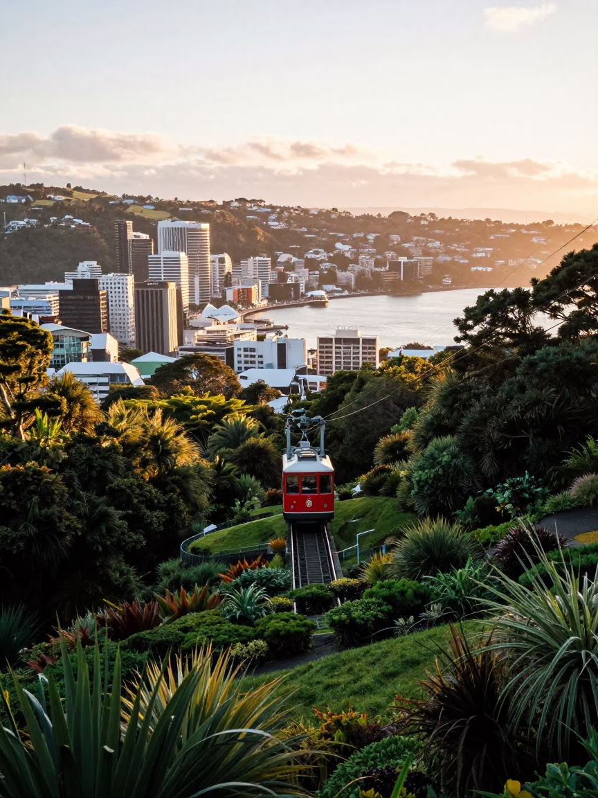 City Skyline just after sunrise in Wellington in in Wellington, New Zealand