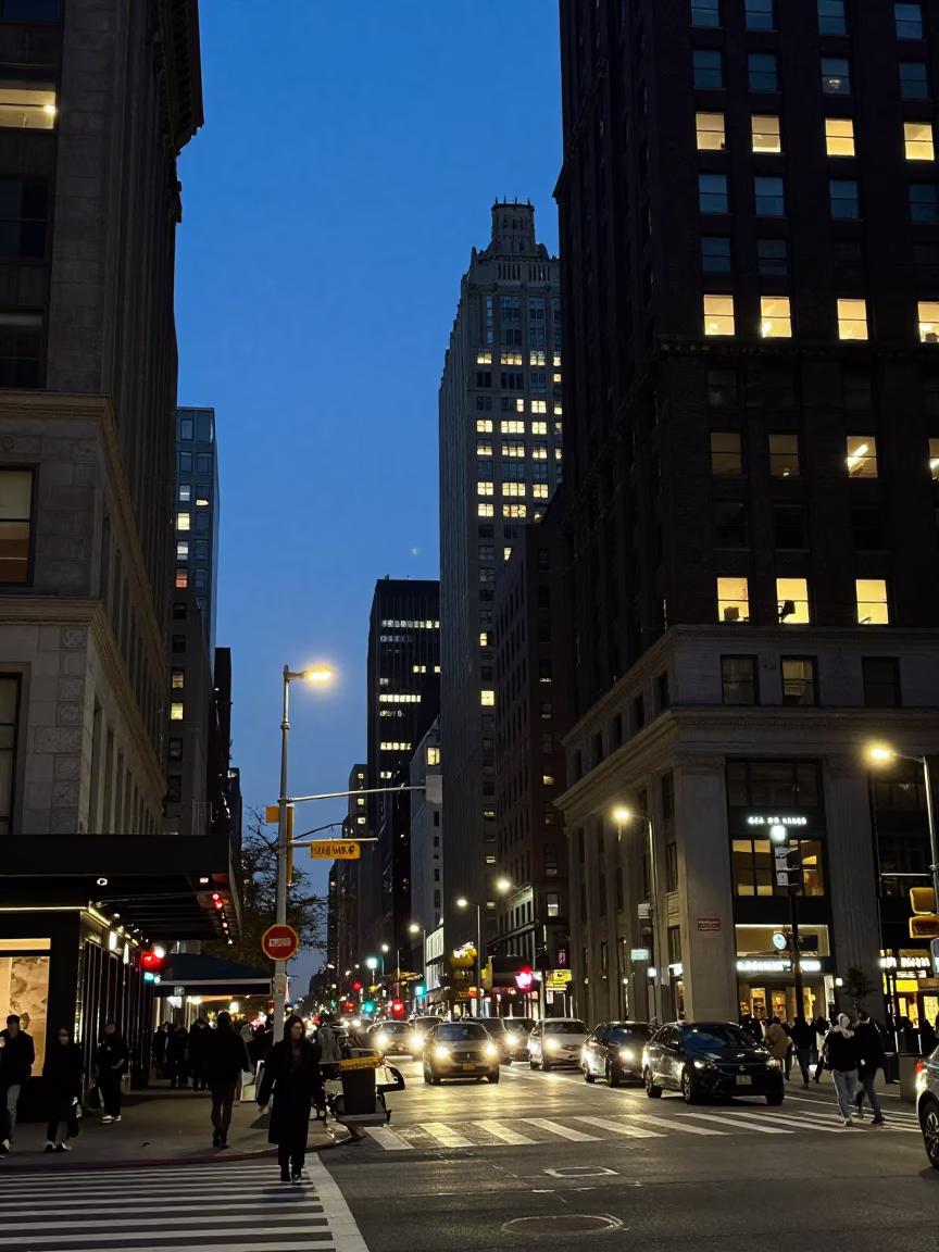 City Street in New York at As City Lights Begin To Glow in in New York, New York, United States