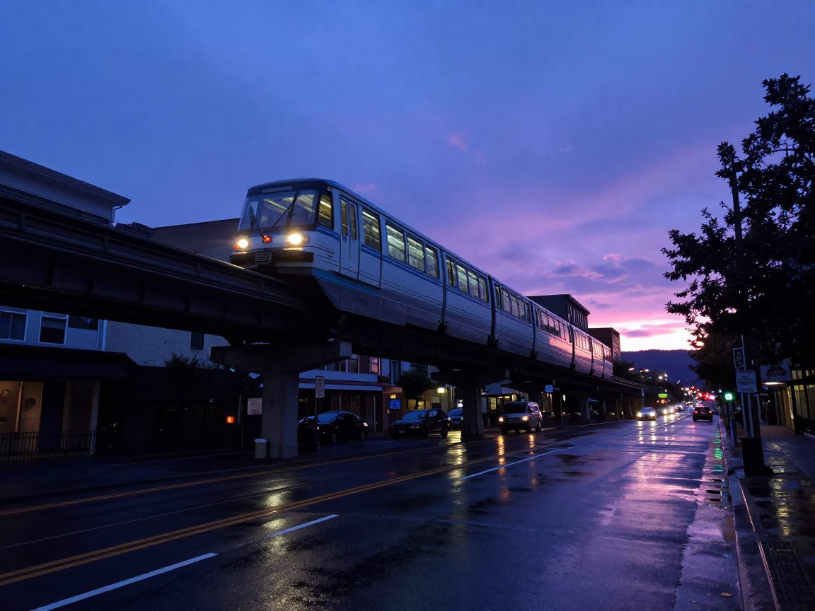 City Street in Portland at Indigo Twilight After Sunset in in Portland, Oregon, United States
