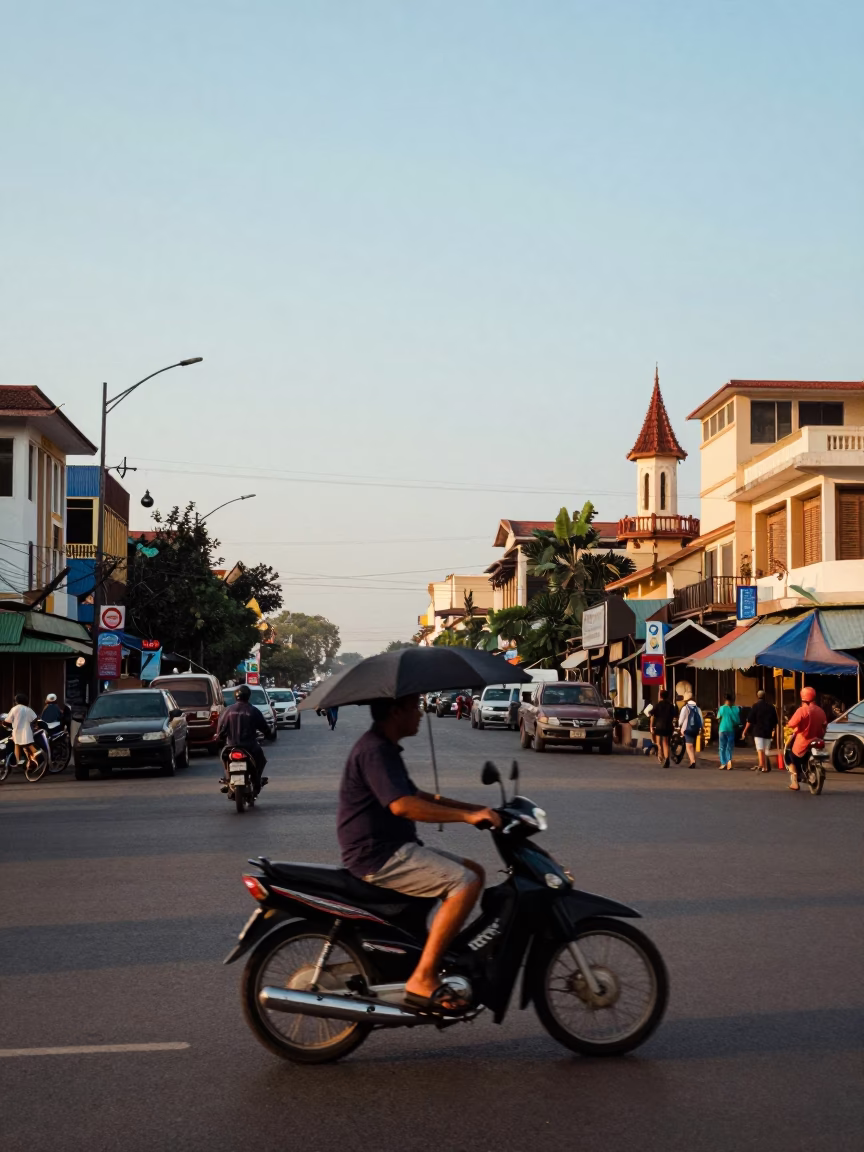 City Street just after sunrise in Phnom Penh in in Phnom Penh, Cambodia