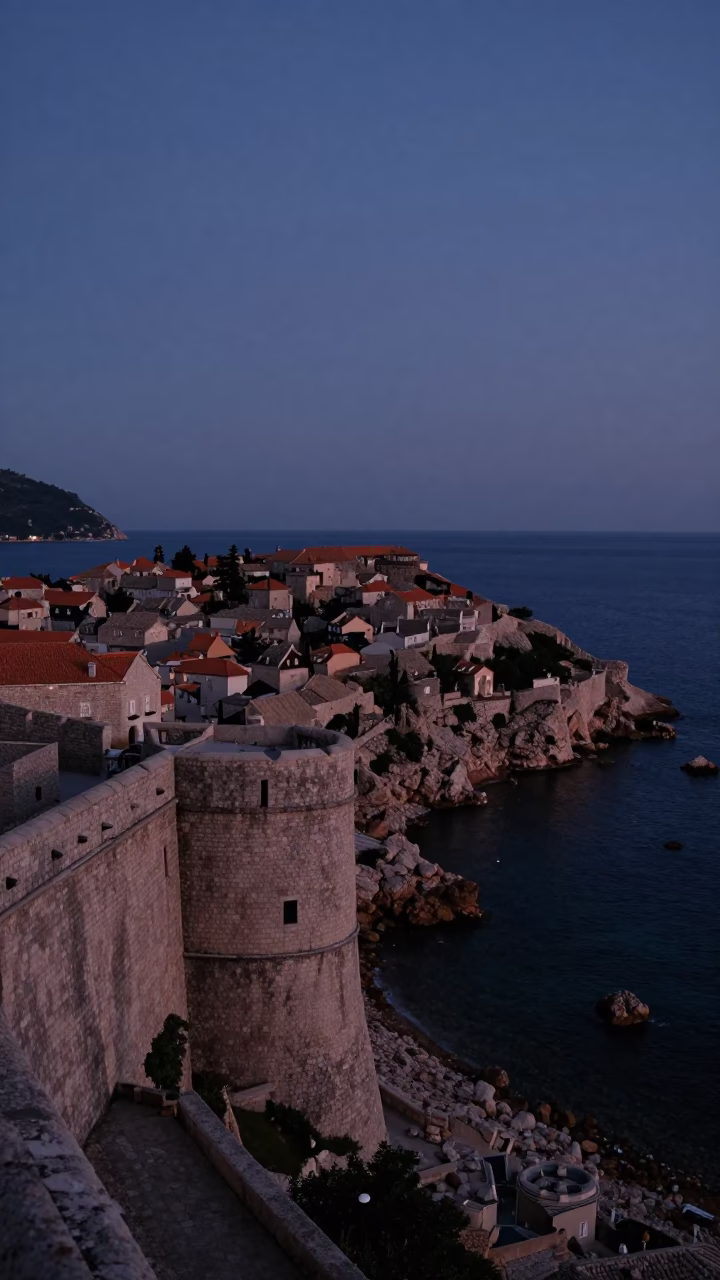 City Walls in Dubrovnik at The Still Hours Before Dawn Light in in Dubrovnik, Croatia