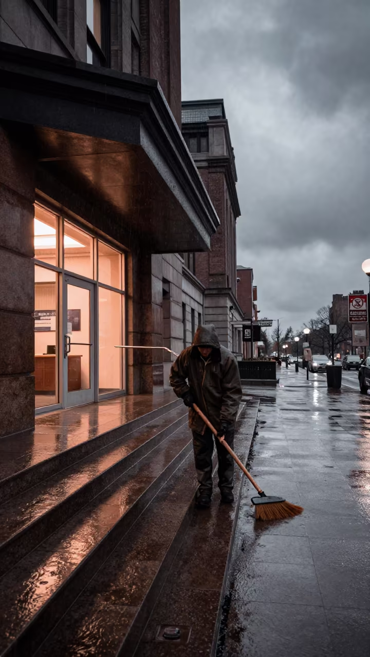 City Worker Cleaning Courthouse Steps Winter Drizzle in inside a campaign office in Banja Luka