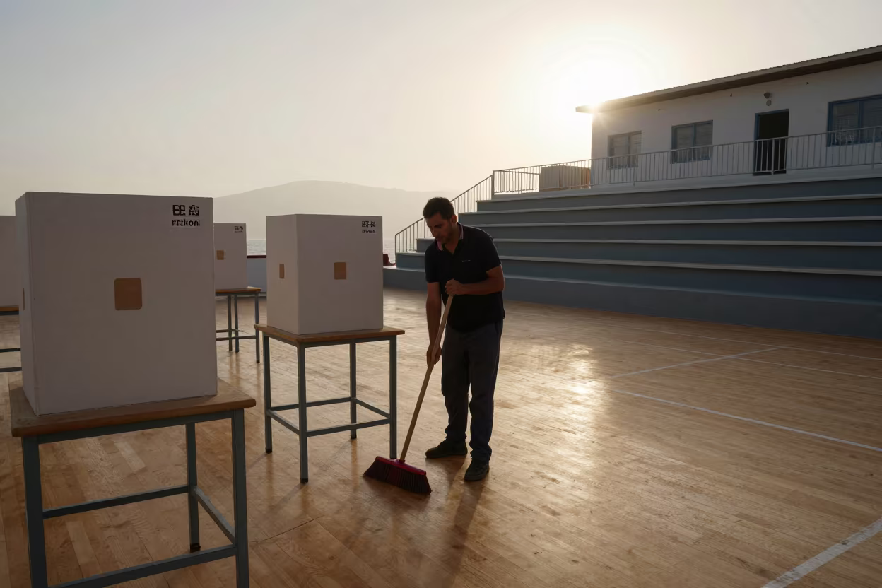 City Worker Cleaning Polling Station Gymnasium Mykonos in inside a polling station gymnasium in Mykonos