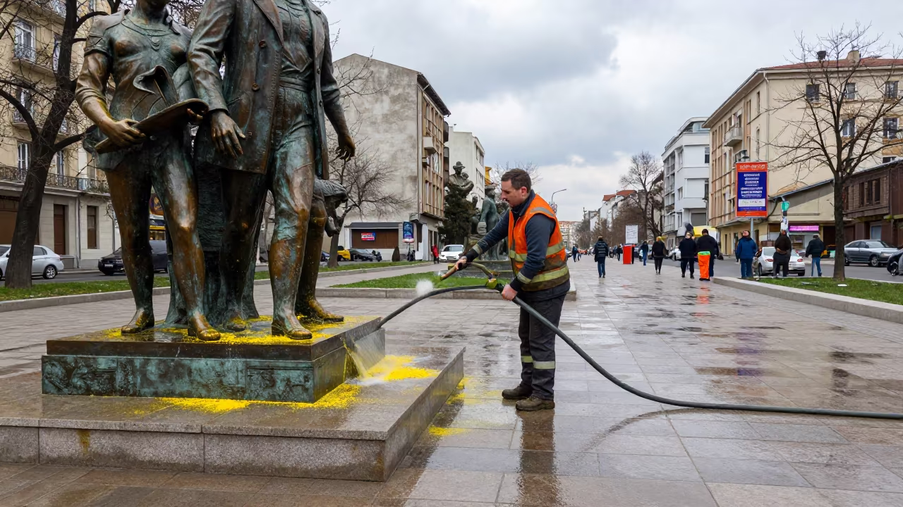 City Worker Cleans Pollen From Bucharest Civic Plaza Sculpture in inside a campaign office in Bucharest