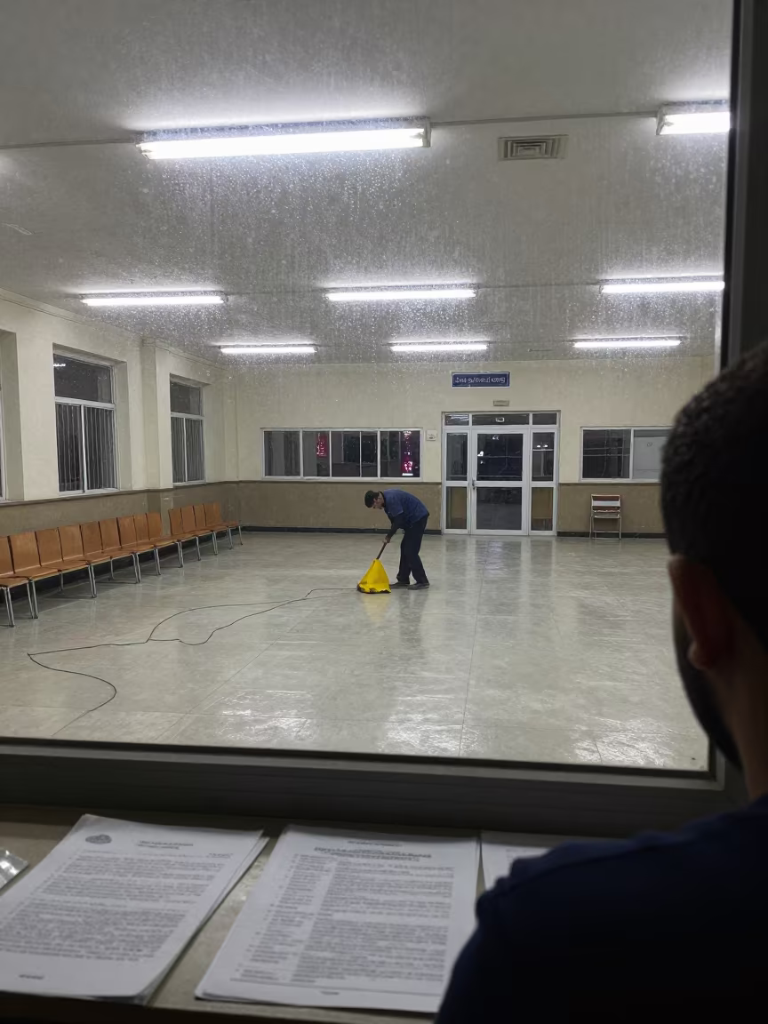 City Worker Cleanup Near School Gym in Yazd Drizzle in in a fluorescent town hall meeting room in Yazd