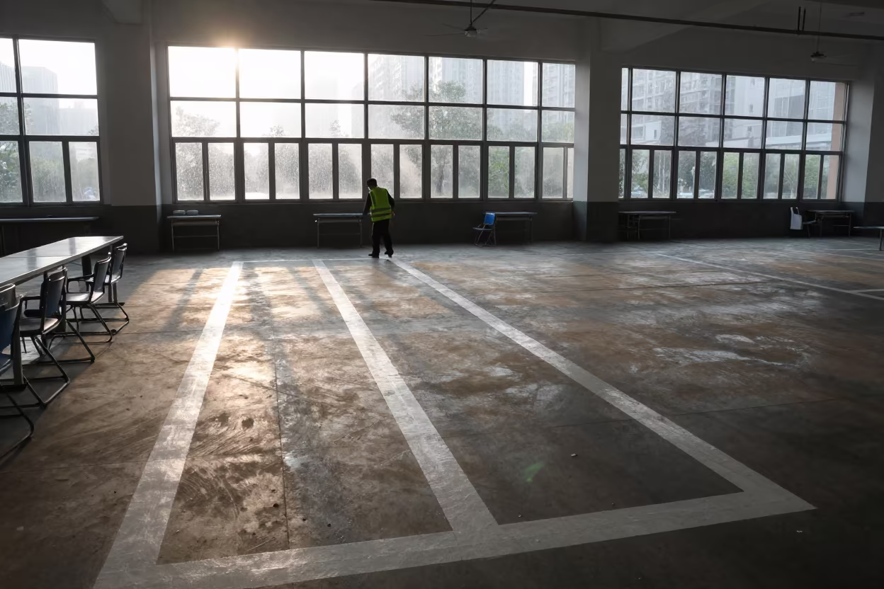 City Worker Painting Giant Lane Lines Gymnasium in inside a polling station gymnasium in Wuhou, Chengdu