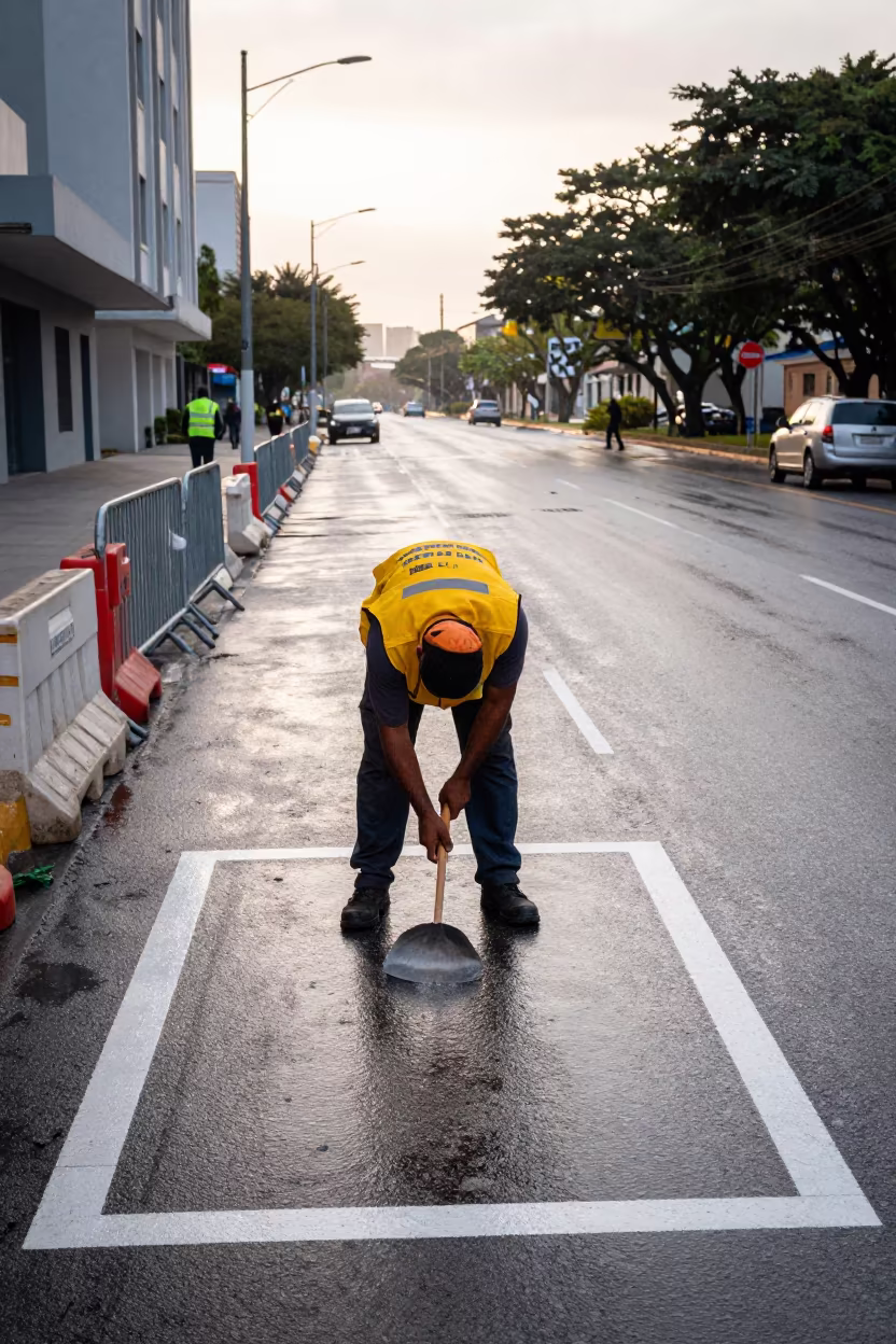 City worker painting lane lines before sunrise in Los Teques in along barricaded protest routes in Los Teques
