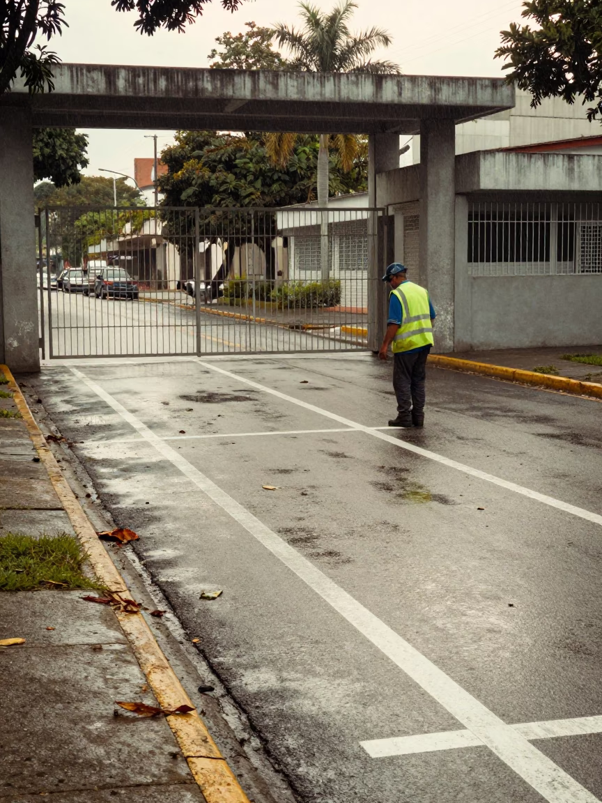 City worker painting lane lines Maracay school in at a crosswalk by a school gate near Maracay