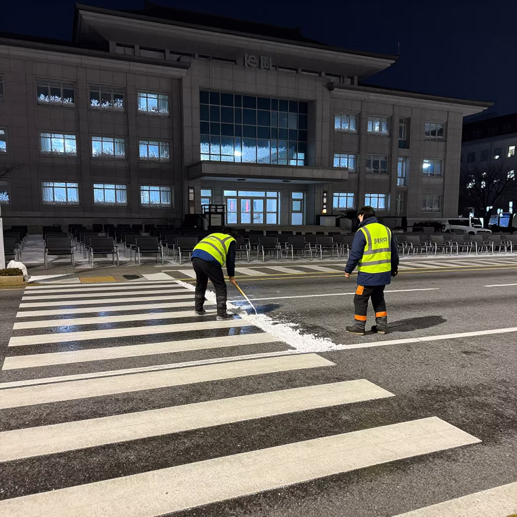 City worker repainting crosswalk lines night winter in inside a council chamber in Gwangju