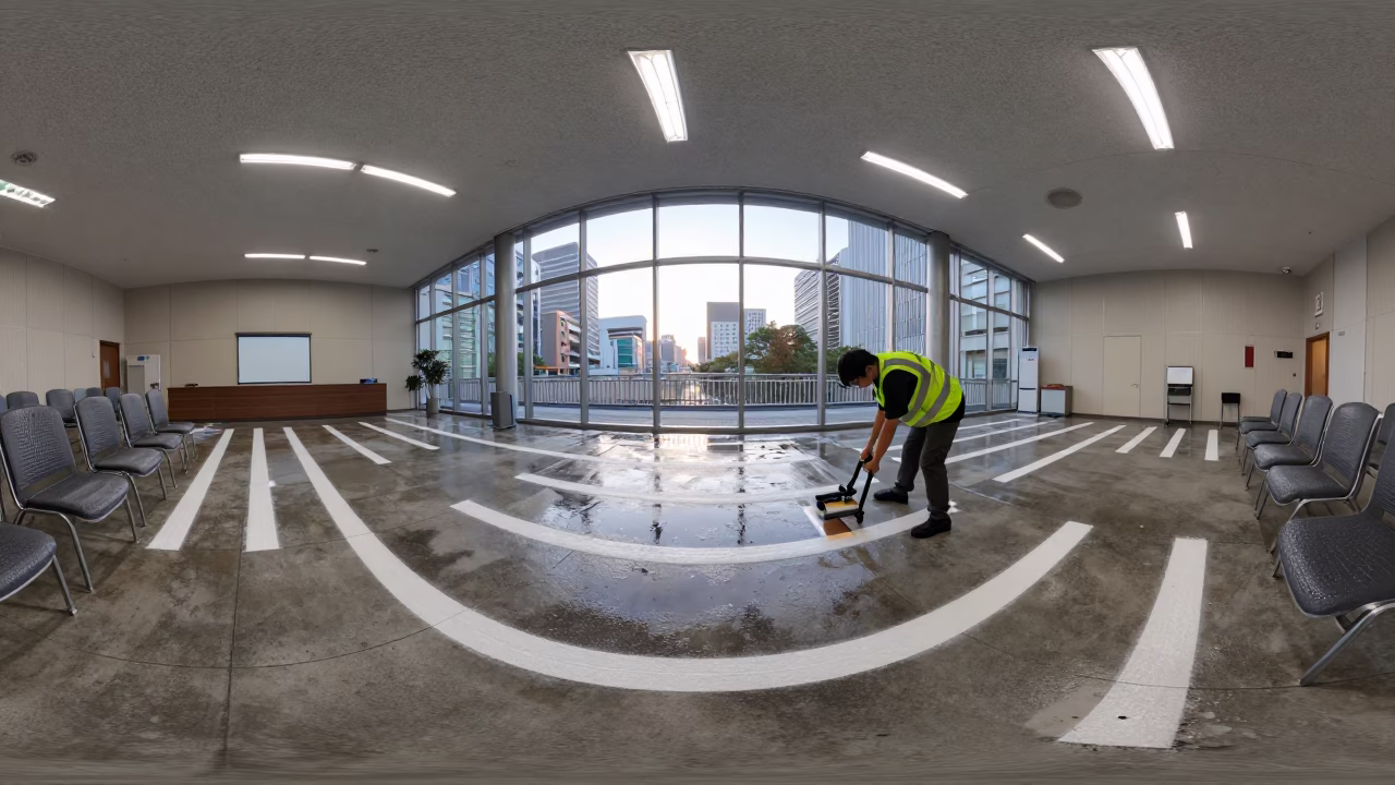 City worker repainting lane lines before dawn in in a fluorescent town hall meeting room in Umeda, Osaka