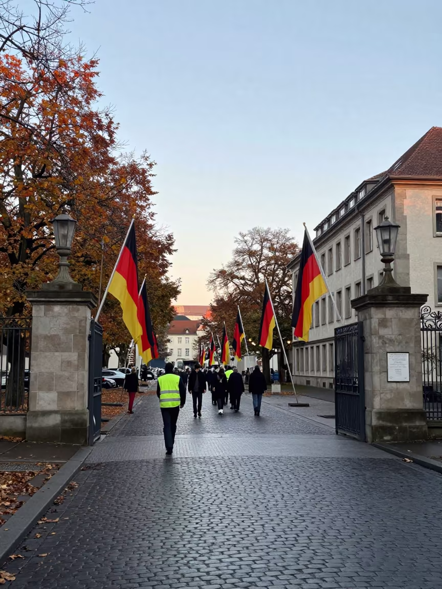 City Worker Replacing Flags at Munich School Gate Dawn in at a crosswalk by a school gate in Altstadt, Munich
