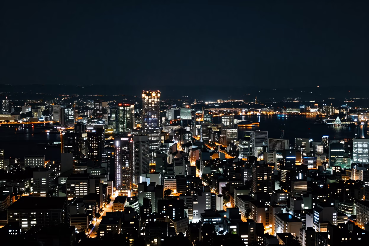 Cityscape And Harbor Lights From High Vantage Point in Fukuoka in in Fukuoka, Japan