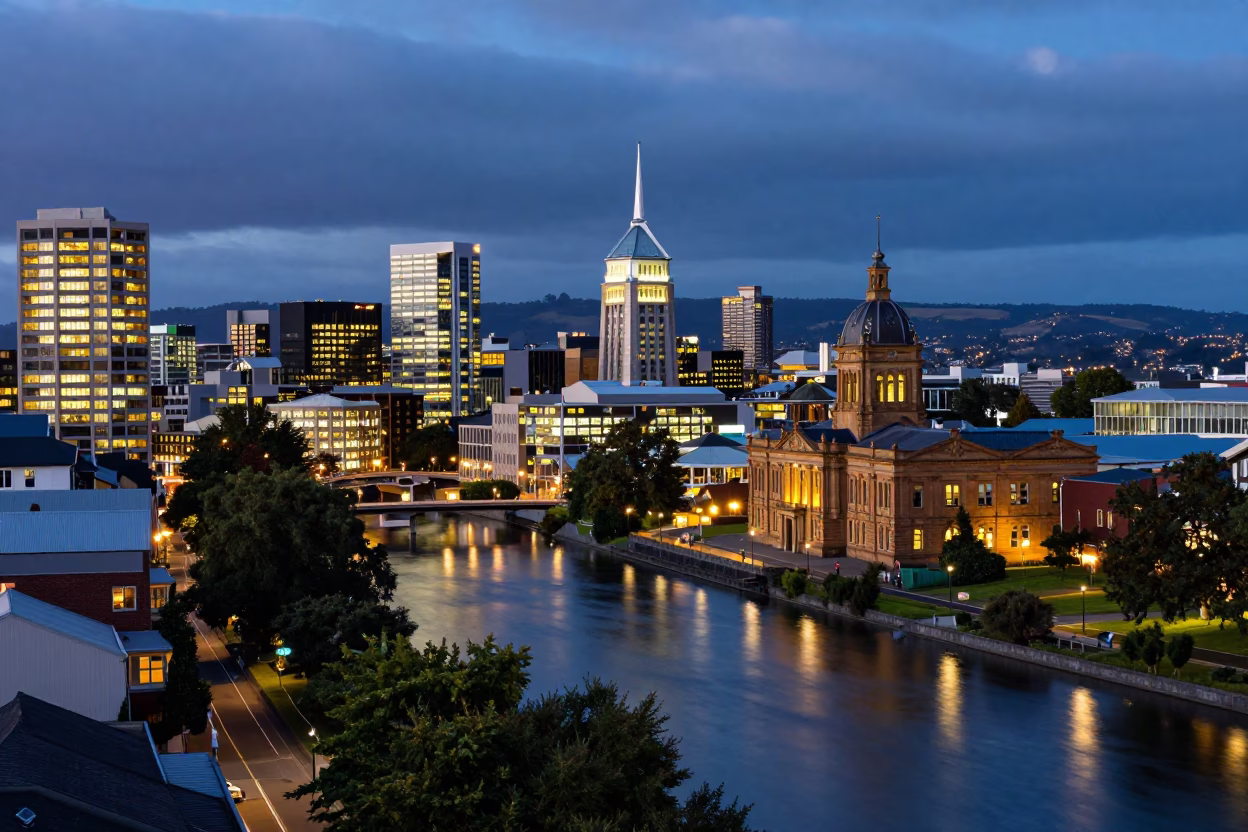 Cityscape in Christchurch at As City Lights Begin To Glow in in Christchurch, New Zealand
