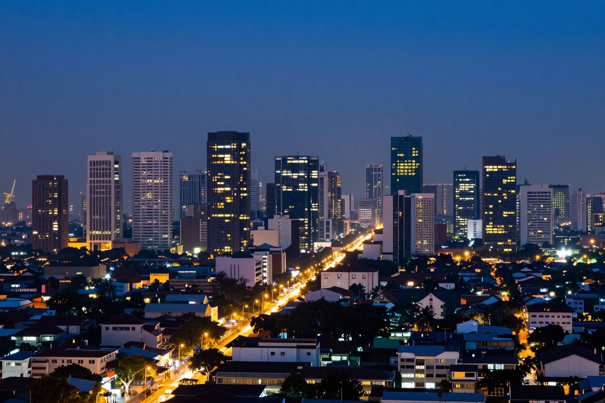 Cityscape in Surabaya at As City Lights Begin To Glow in in Surabaya, Indonesia
