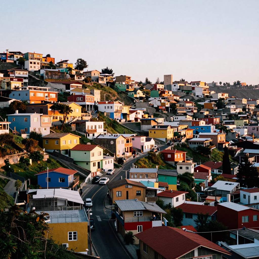 Cityscape in Valparaiso at As First Light Reaches The Scene in in Valparaiso, Chile