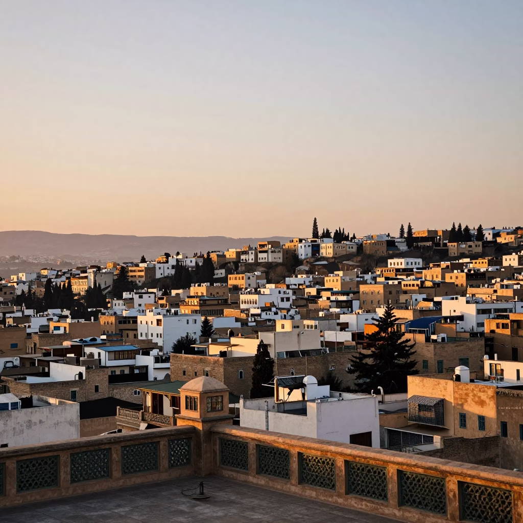 Cityscape View in Fez at The Still Hours Before Dawn Light in in Fez, Morocco