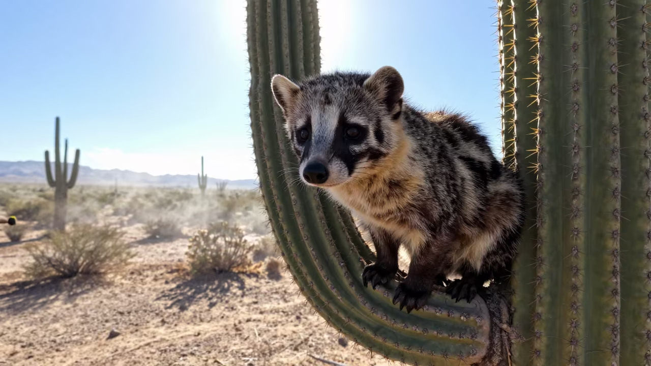 Civet Cat Perched on Branch in Arizona Noon in in Arizona