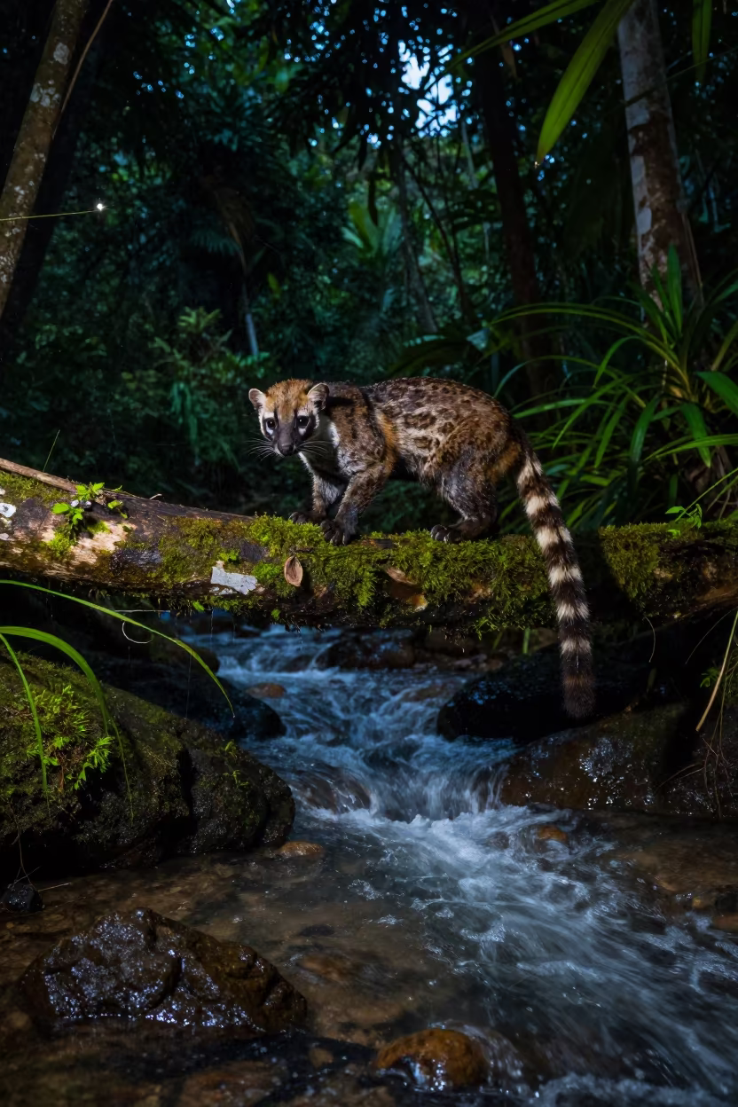 Civet Cat on Branch Over Glacial Stream in above a glacial stream in Indonesia