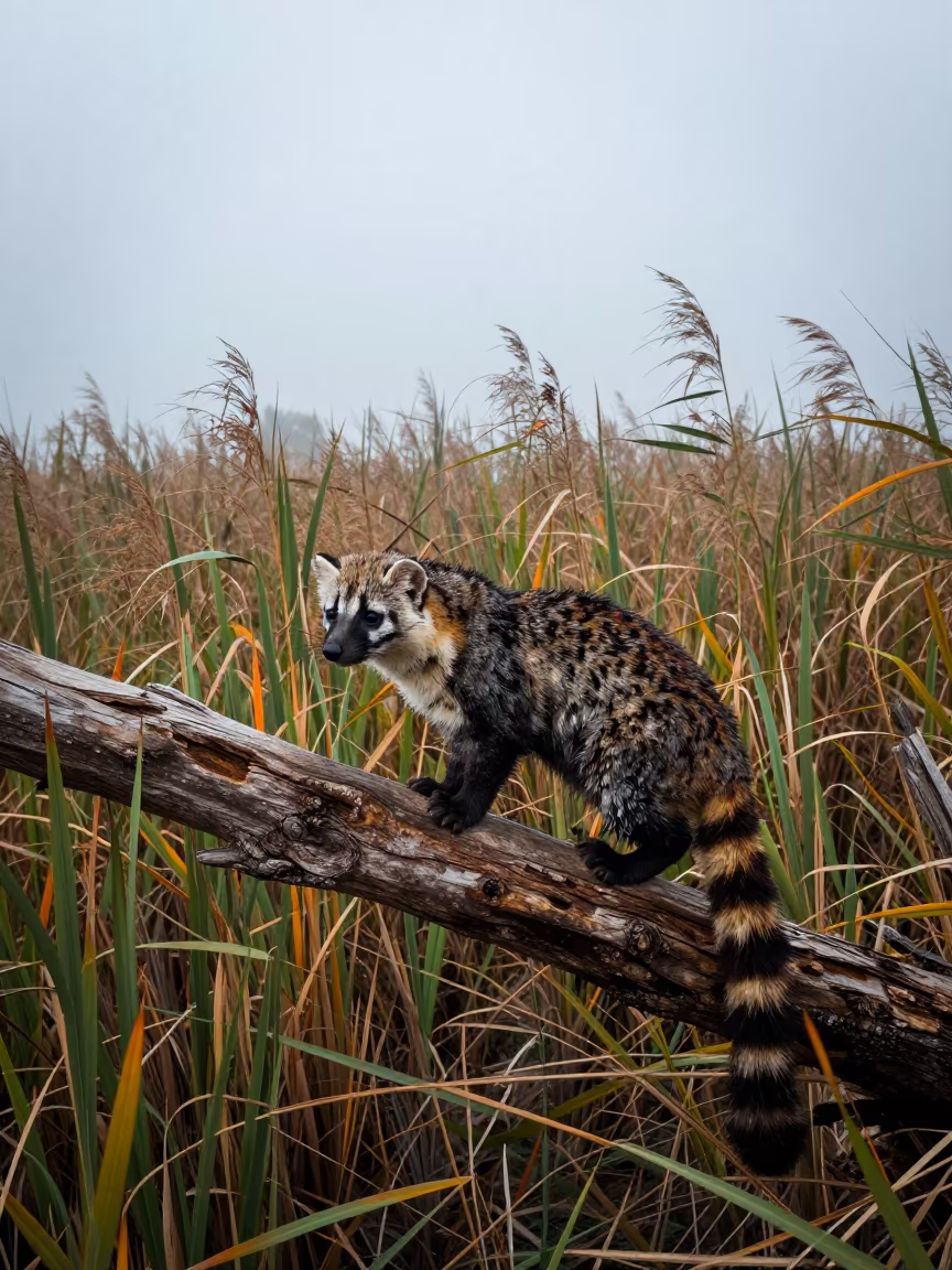 Civet Cat on Branch in Moonlit Dawn Drizzle in at the edge of a reed bed near Ajloun