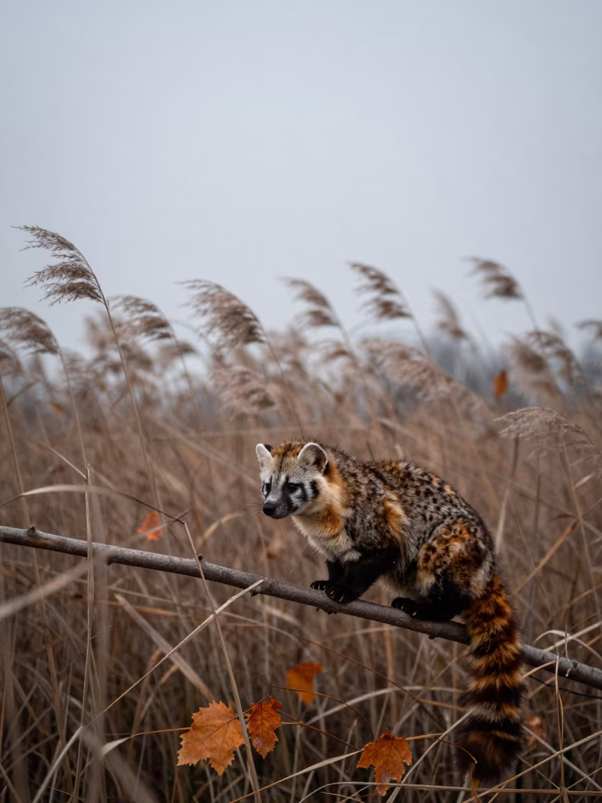 Civet Cat Moonlit Branch Autumn Dawn in at the edge of a reed bed near Edmonton