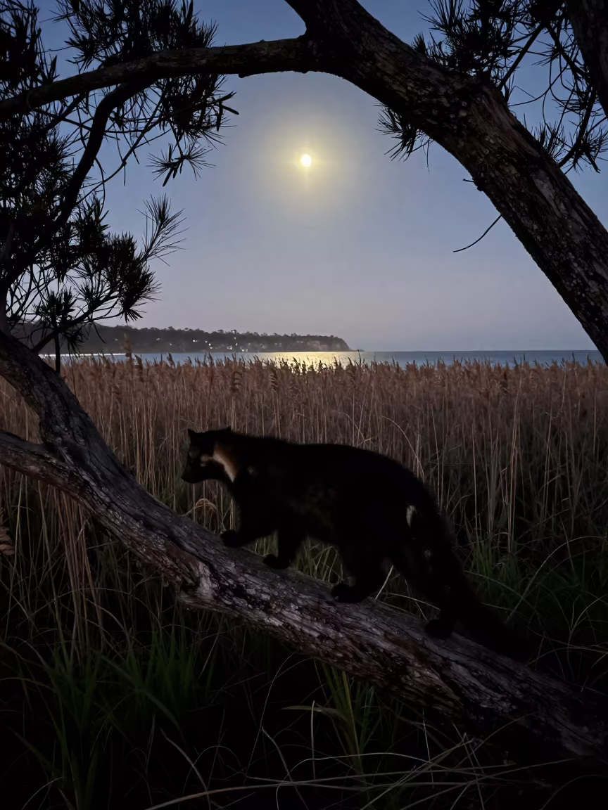 Civet Cat Prowling Moonlit Branch Dawn in at the edge of a reed bed near Wollongong