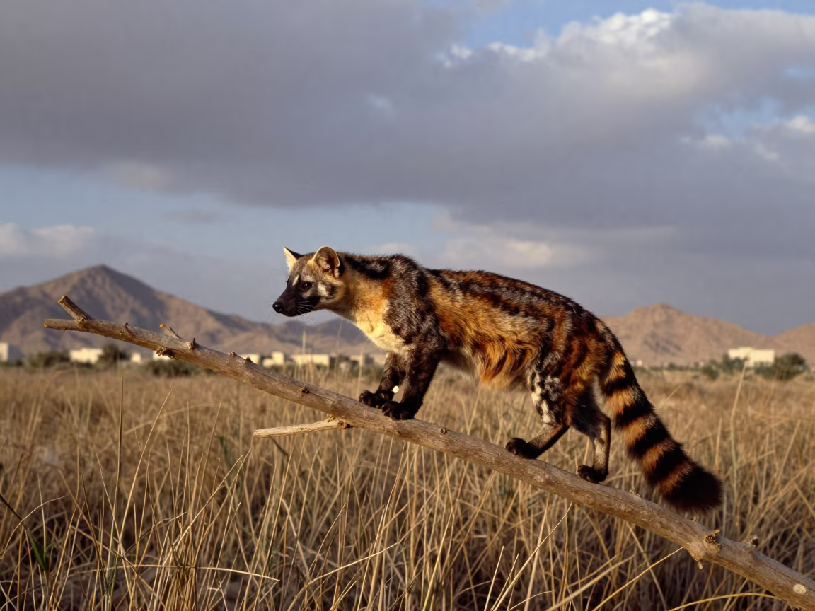 Civet Cat Prowling Moonlit Branch Low Angle in at the edge of a reed bed near Al Ain