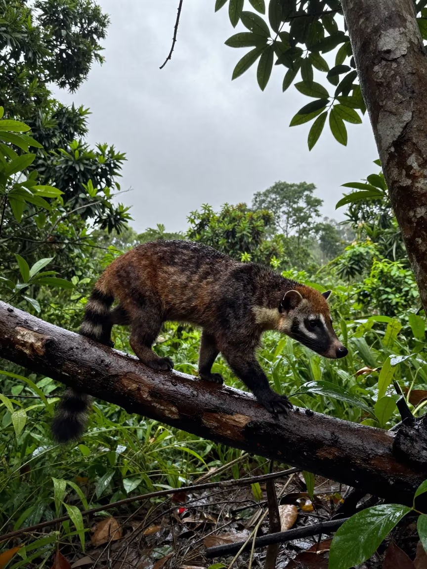 Civet Cat Prowling Rain-Soaked Branch in along a game trail in Nigeria
