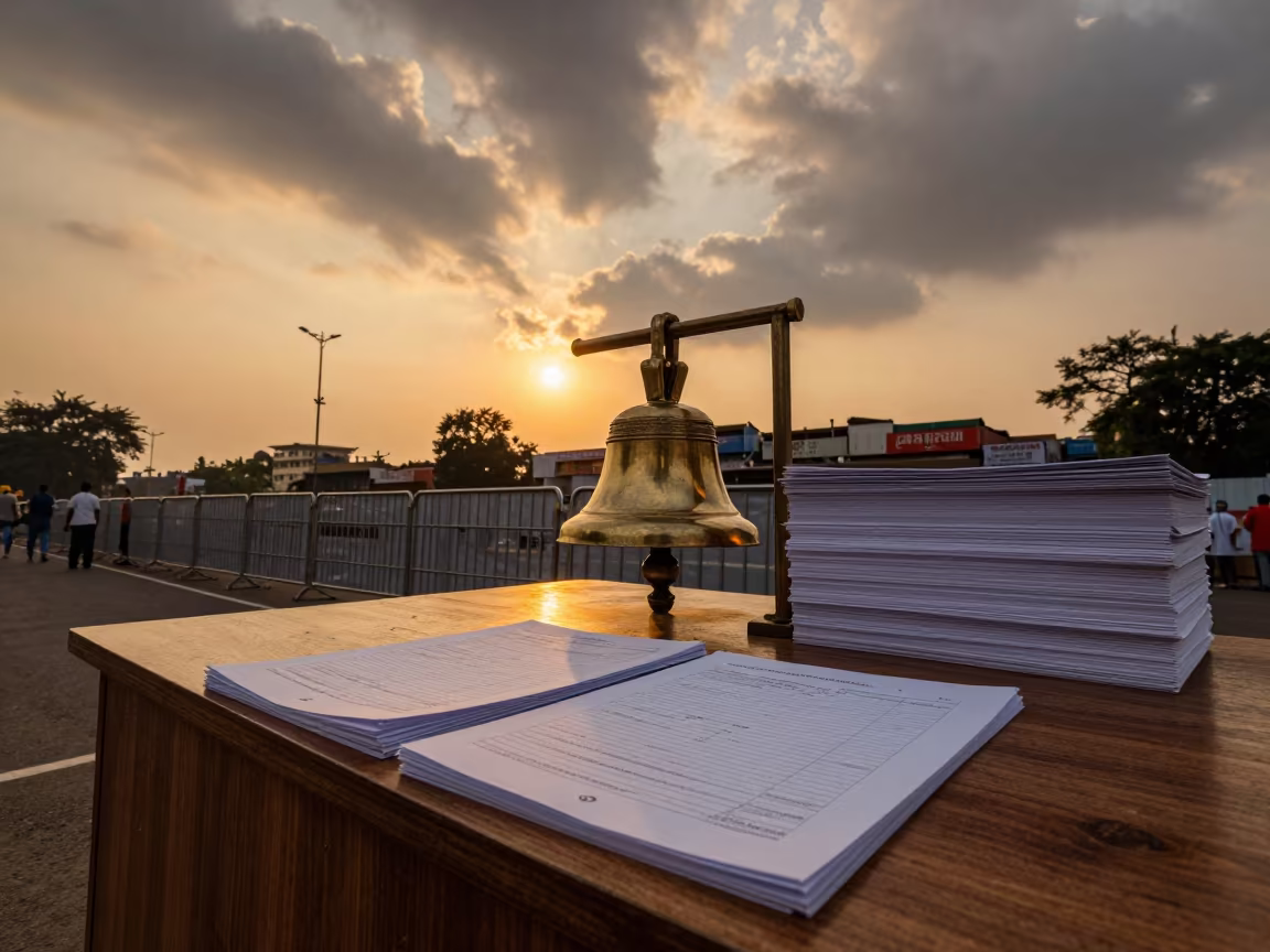 Civic Bell Amidst Forms at Prayagraj Protest in along barricaded protest routes near Prayagraj