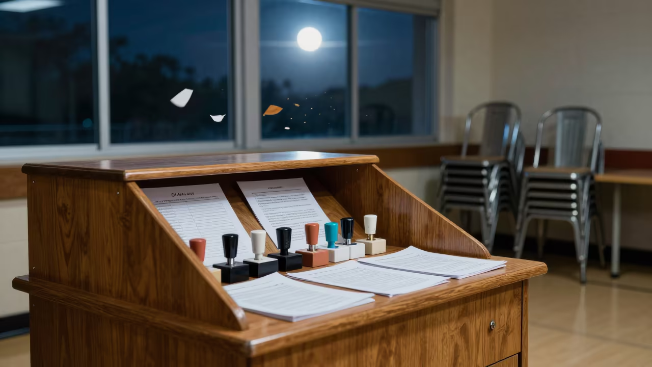 Civic Desk Night Moonlight Polling Station in inside a polling station gymnasium near Houston