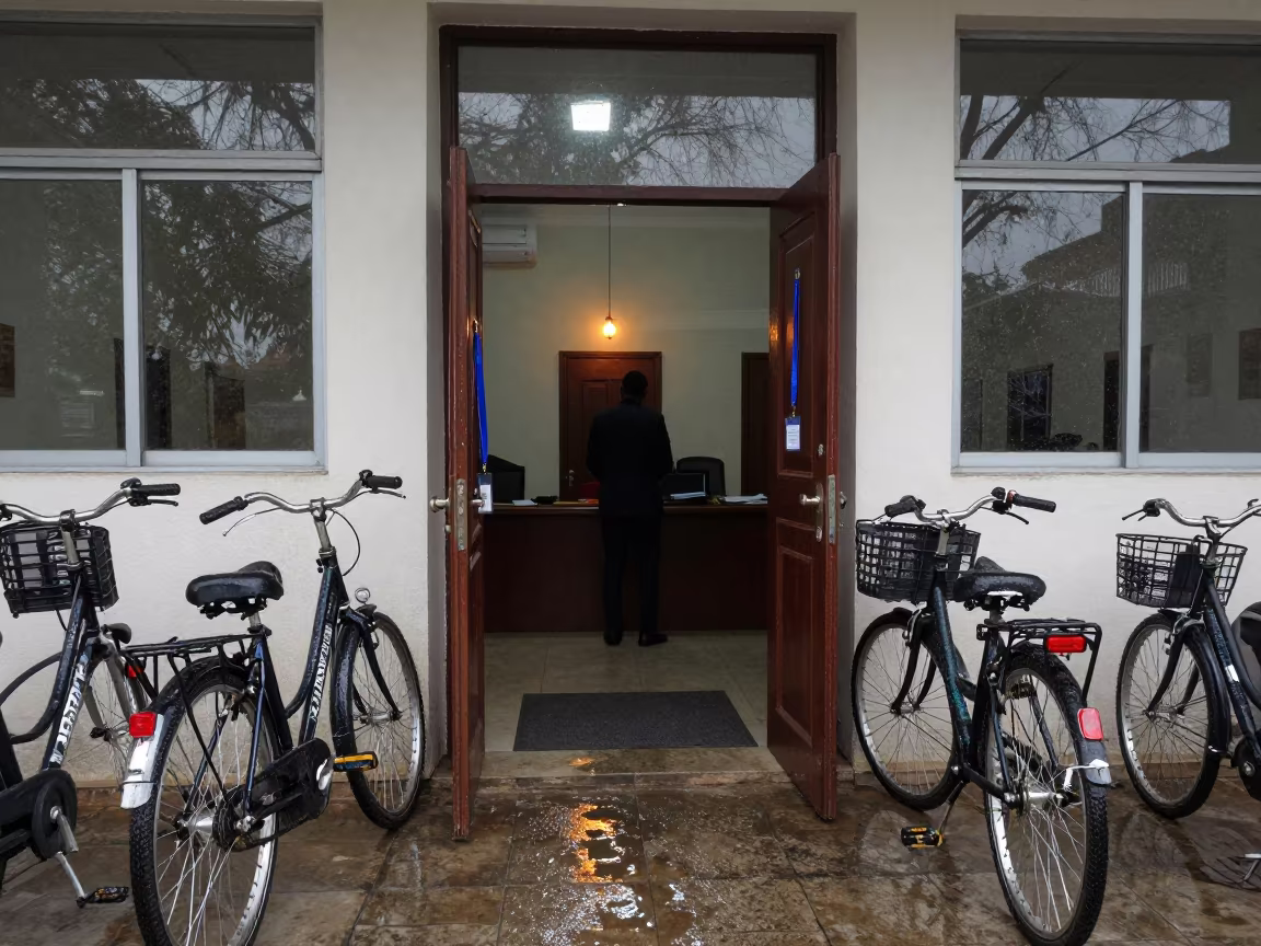 Civic Entrance Wet Bicycles Badge Lanyards in inside a council chamber in Aba