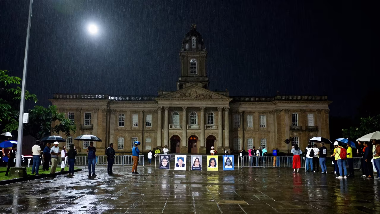 Civic Flag Over Wet Stone Night in in a fluorescent town hall meeting room in Trinidad