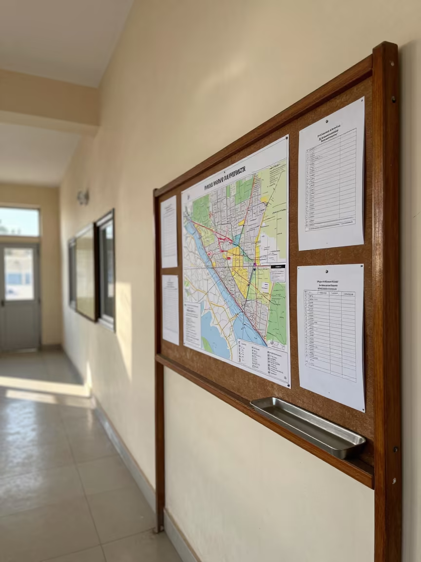 Civic Forms and Maps on Hillah Notice Board in in a community center hall in Hillah